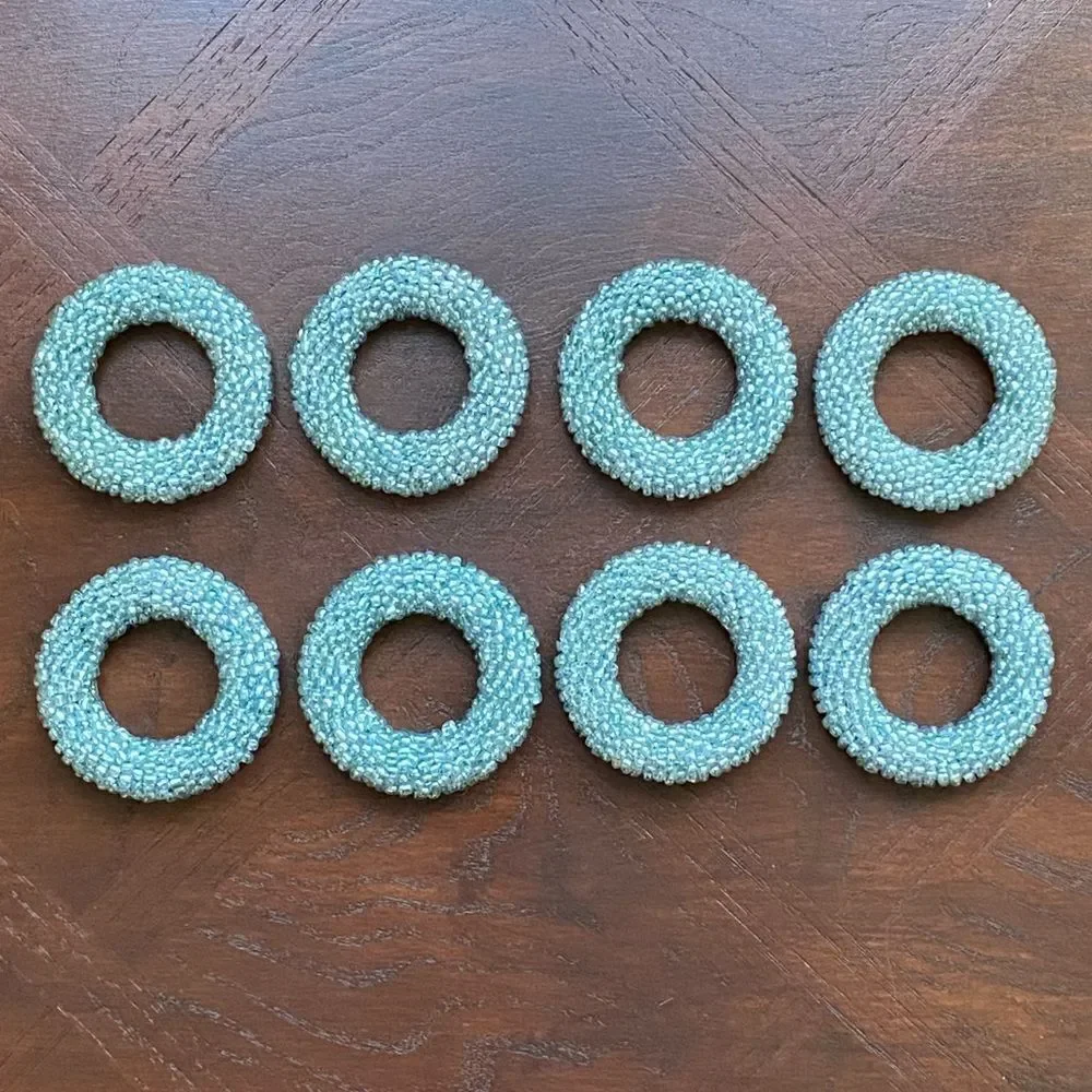 Pier 1 Vintage Light Blue Beaded Napkin Rings Set Of 8